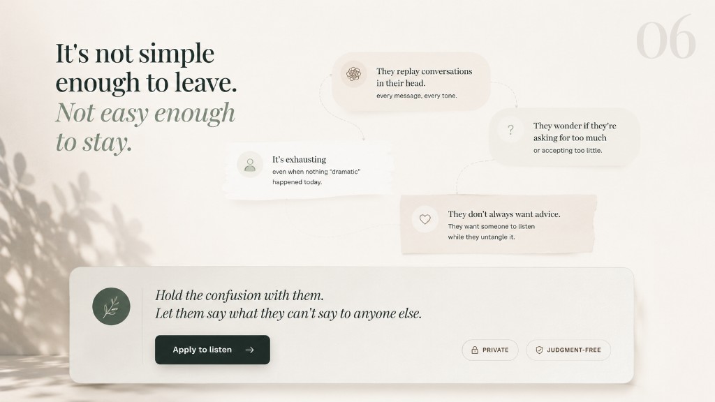 It's not simple enough to leave. Not easy enough to stay — being present for someone on Ventemo.