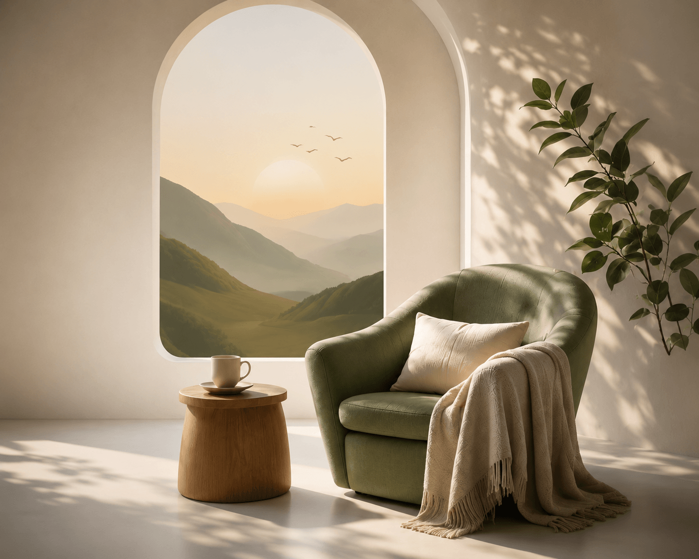 A calm listening space arched window, sage armchair, and warm evening light
